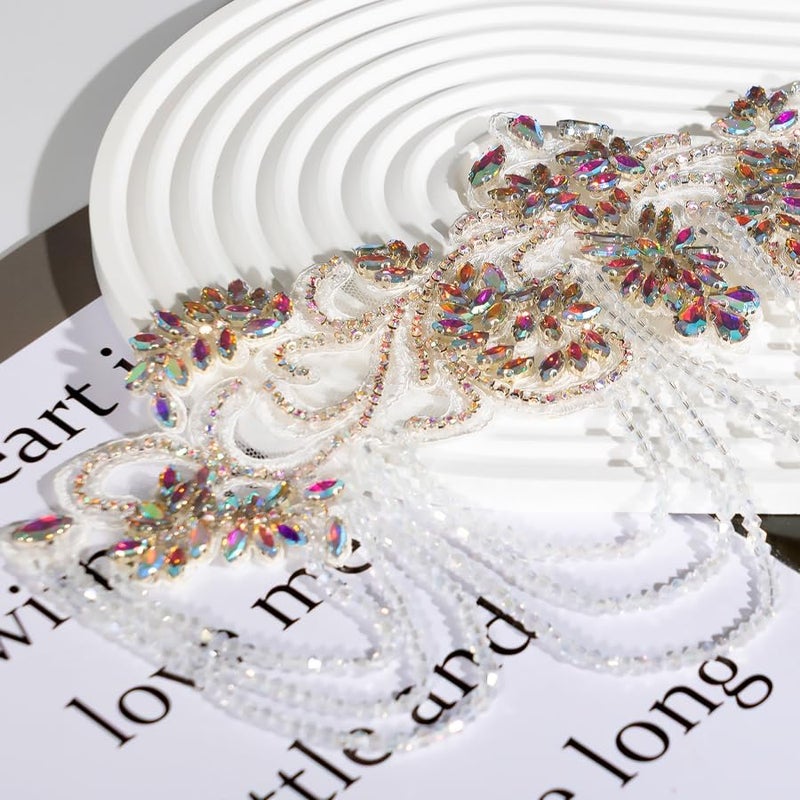 amusediy Clear AB Beaded Rhinestones Applique Embellishment for Clothes,Epaulettes Shoulder Patches Sew-on Diamond Sequin Applique for Wedding Dress DIY Accessories Belt Waist Decoration - Image 4